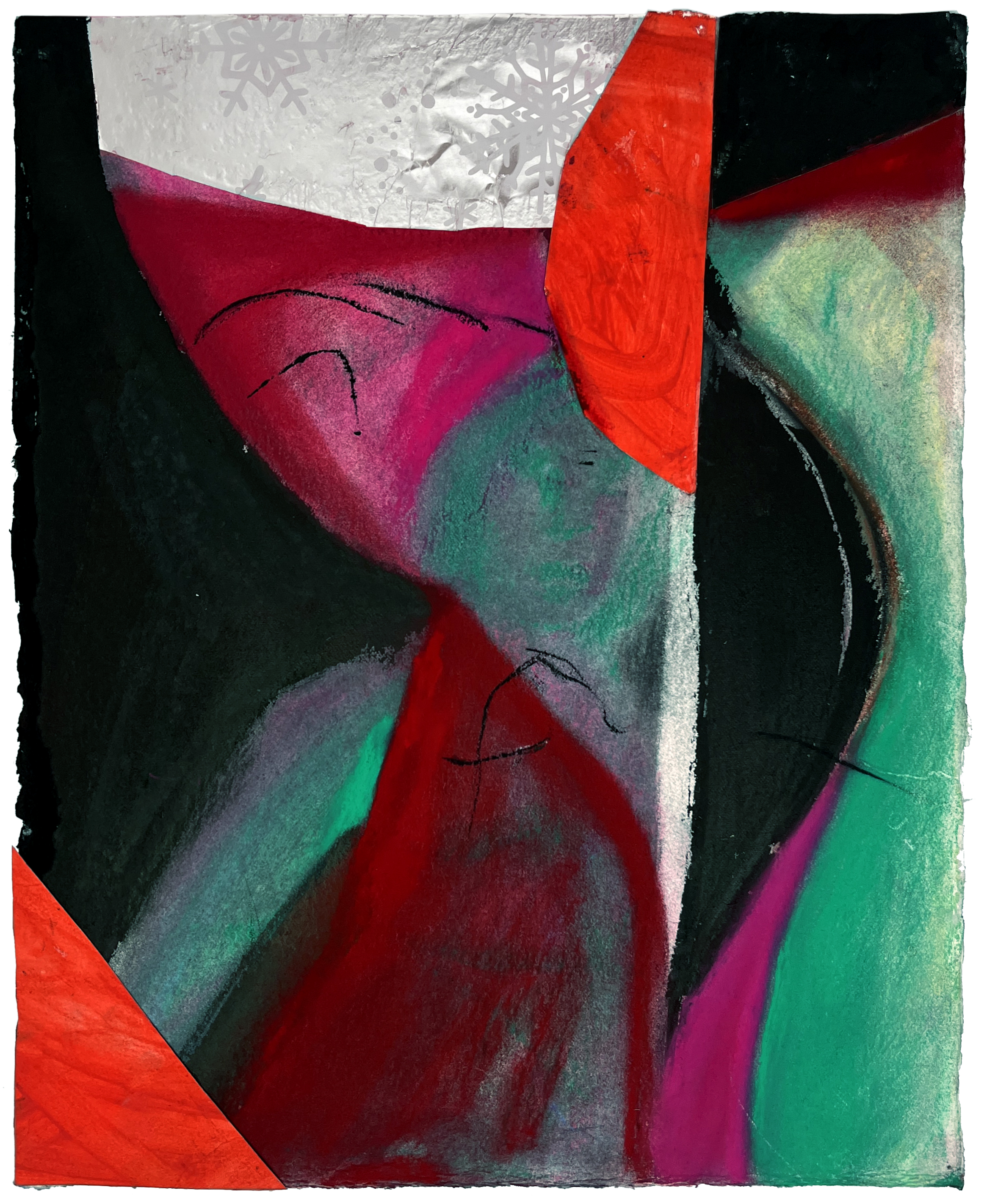 You Find That Ideal Lover Yet_, custom white frame and white mat at 25x19_, charcoal, soft pastel, ink and wrapping paper on watercolor paper, 2025, AVAILABLE